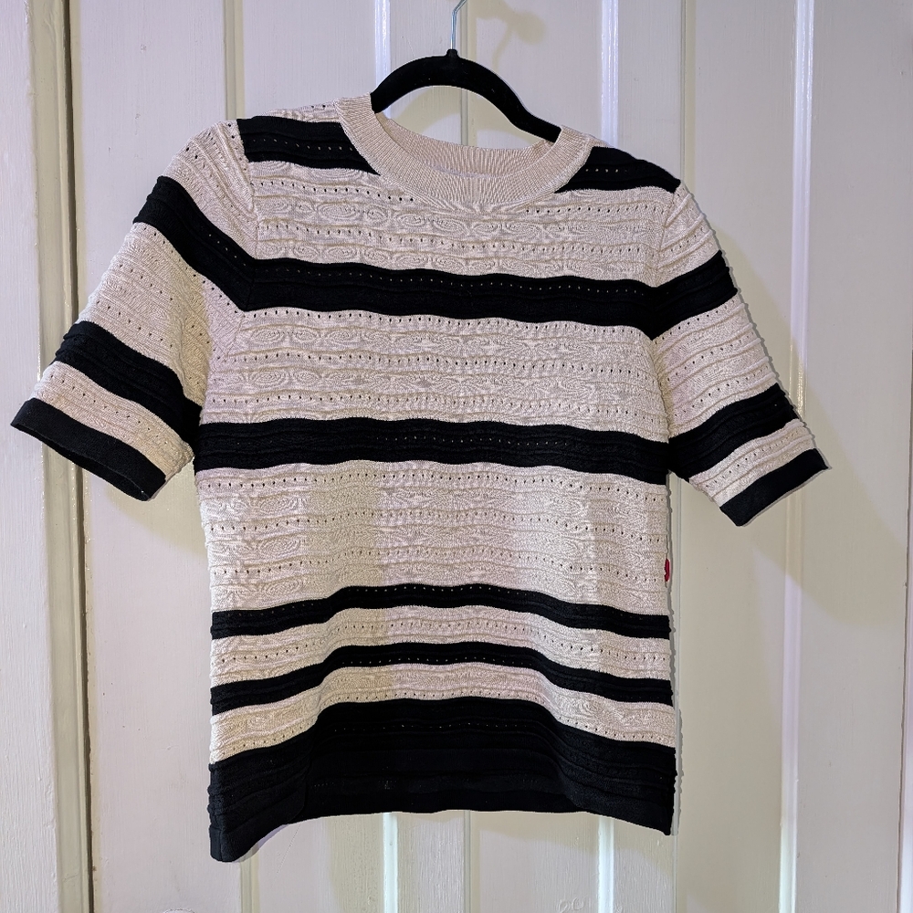 NWT Nanette Lepore Black and Cream Striped Eyelet Knit Top
